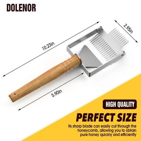2-In-1 Beekeeping Uncapping Fork And Scraper Tool Stainless Steel With Wooden Handle shown with dimensions