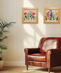Wildflower Punch Needle Kit Two Pack For Beginners, embroidery set wall decor with framed wildflower patterns in a living room