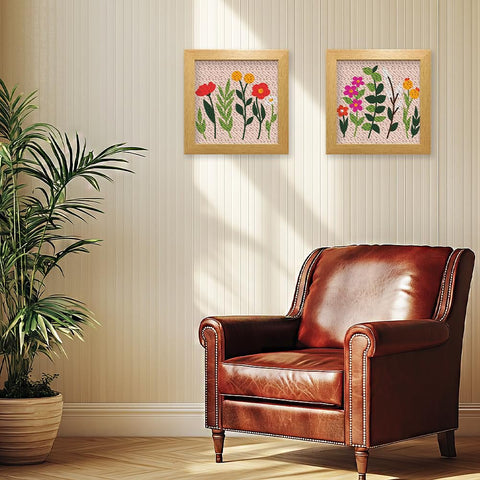 Wildflower Punch Needle Kit Two Pack For Beginners, embroidery set wall decor with framed wildflower patterns in a living room