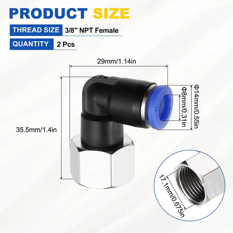 2 Pack Push To Connect 90 Degree Pneumatic Elbow Fittings Three Eighths Inch NPT Female 8mm Tube OD Blue Nickel Plated Brass