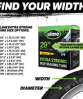 Extra Strong Self Sealing Bicycle Tube 26 Inch By 1.75 To 2.125 Inch Schrader Valve packaging with size chart and tire image