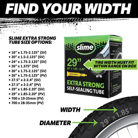 Extra Strong Self Sealing Bicycle Tube 26 Inch By 1.75 To 2.125 Inch Schrader Valve packaging with size chart and tire image