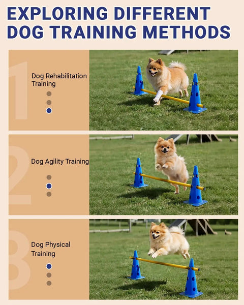 Dog Agility Backyard Course Set With 12 Cones And 6 Durable Rods, Height Adjustable Hurdles At 2 Inches, 5.5 Inches, And 9 Inches