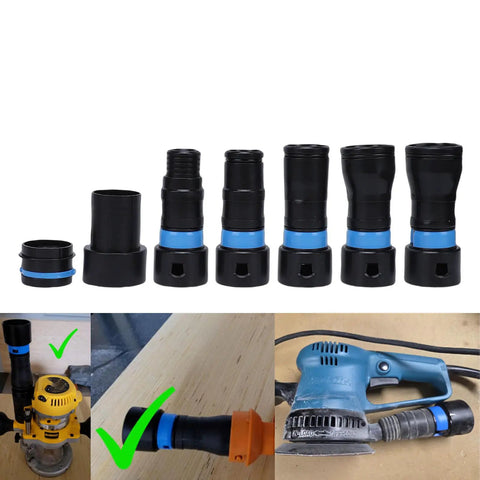 7 Piece Universal Vacuum Hose Adapter Extension Kit For Dust Collection With 5 Size Connectors shown in various configurations on tools.