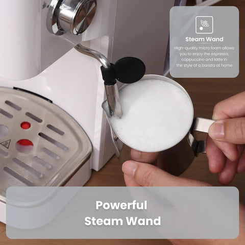 20 Bar Professional Espresso Machine With Milk Frother Steam Wand Compact Latte And Cappuccino Maker Adjustable Shot Volume White Finish Perfect Gift For Coffee Lovers showing steam wand in use frothing milk