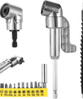 Get Tough With This Compact Drill Accessory Kit Featuring Two 105 Degree Right Angle Adapters, A Bending Flexible Extension Shaft And A Massive 12 In 1 Screwdriver Bit Set Perfect For Hitting Tight Spots Like A Pro. 105-degree adapter and flexible shaft with 12 bits