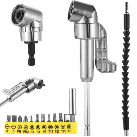 Get Tough With This Compact Drill Accessory Kit Featuring Two 105 Degree Right Angle Adapters, A Bending Flexible Extension Shaft And A Massive 12 In 1 Screwdriver Bit Set Perfect For Hitting Tight Spots Like A Pro. 105-degree adapter and flexible shaft with 12 bits