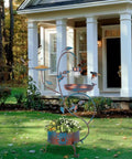 3 In 1 Outdoor Metal Bird Bath With Feeder And Planter Garden, Blue Bird Bath With Solar Lights, Weatherproof, in a backyard setting