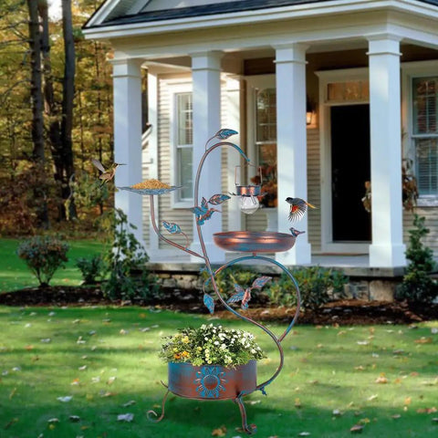3 In 1 Outdoor Metal Bird Bath With Feeder And Planter Garden, Blue Bird Bath With Solar Lights, Weatherproof, in a backyard setting