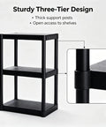 Tough As Nails 3 Tier Plastic Storage Shelves Multipurpose Freestanding Organizer Heavy Duty Rack, black sturdy design with thick support posts.