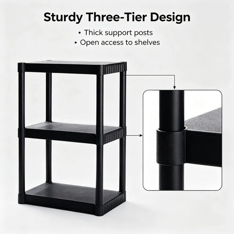Tough As Nails 3 Tier Plastic Storage Shelves Multipurpose Freestanding Organizer Heavy Duty Rack, black sturdy design with thick support posts.