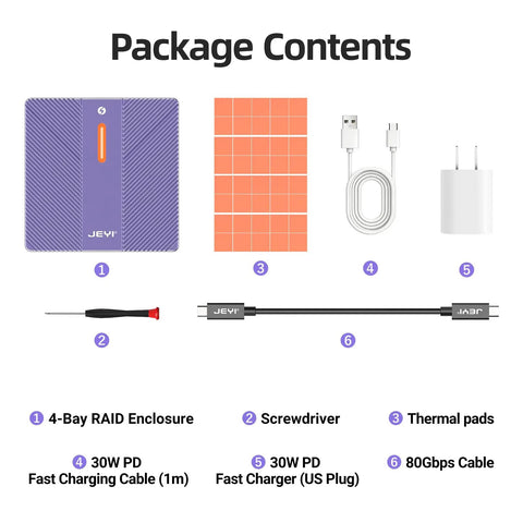 Badass 4 Bay NVMe RAID Enclosure With Turbo Cooling Fan Lightning Fast Thunderbolt 4 And 3 Support For All Your Drives Up To 32TB including cables and accessories.