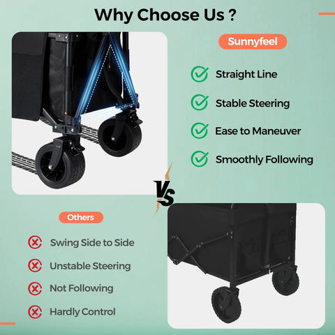 Comparison of wheel stability: 3 In 1 Collapsible Wagon With Canopy vs others, highlighting maneuverability and steering efficiency, black.