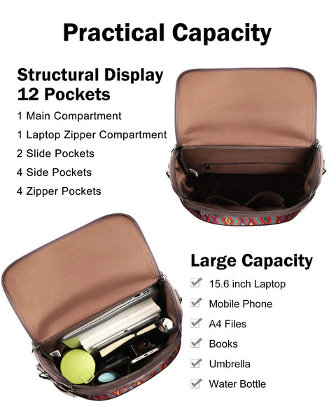Leather Laptop Backpack For Women With Independent Laptop Compartment Fits Up To 15.6 Inches, showing open compartments and items.