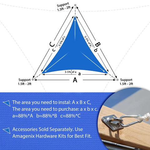 Diagram showing installation dimensions for Blue Triangle Sun Shade Sail 14 By 14 By 19.8 Feet UV Blocking Up To 95 Percent Breathable HDPE Canopy
