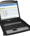 16 Port IP KVM Switch With 19 Inch LCD Rackmount Console showing open console with screen, keyboard and controls.