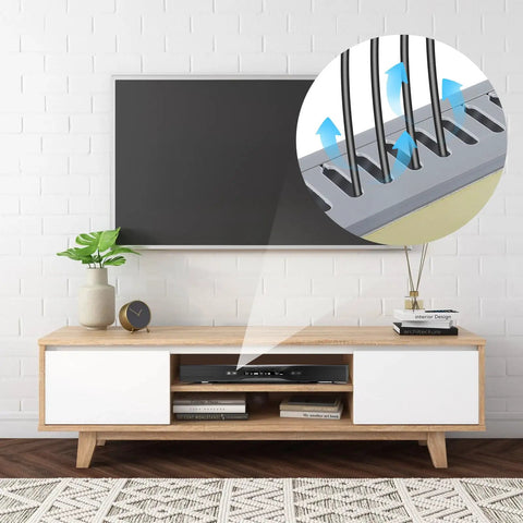 Living room with TV stand showcasing Six Piece Open Slot Wiring Raceway Duct For Under Desk Cable Management and cord concealment