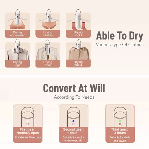 Infographic showing uses of Portable Electric Clothes Dryer With Shoe Drying Attachment And Foldable Drying Rack Ultra Quiet Motor