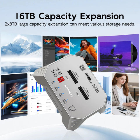 Dead Simple Dual Bay M.2 Nvme Sata Raid Enclosure Clone Dock with 16TB capacity expansion feature in a modern setting.