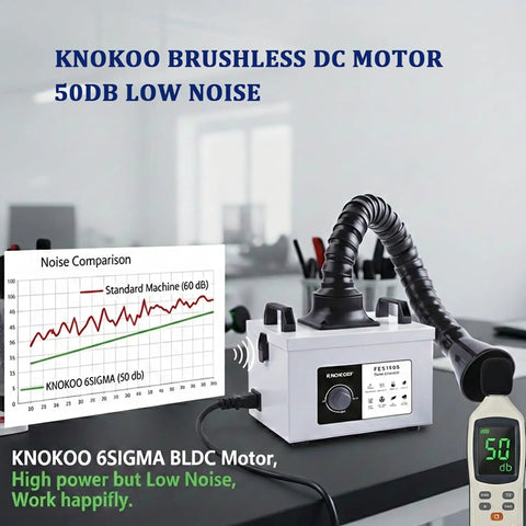 Solder Fume Extractor With 100W Power And 200 m3 Per Hour Airflow Beefy Suction For Bench Soldering And Laser Engraving H13 HEPA 3 Stage Filtration With Activated Carbon Desktop Smoke Purifier showing noise comparison
