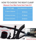 Chart showing seat tube sizes and recommended Lightweight Aluminum Bicycle Quick Release Seat Post Clamp options, including 34.9mm.