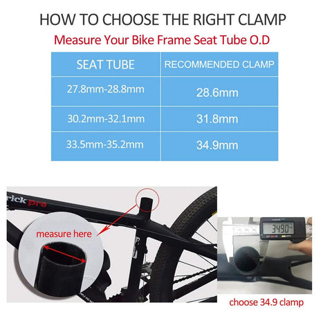 Chart showing seat tube sizes and recommended Lightweight Aluminum Bicycle Quick Release Seat Post Clamp options, including 34.9mm.