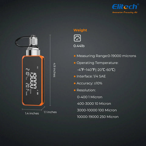 Elitech VGW-Mini handheld orange wireless digital vacuum gauge with adaptor, front view