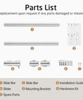 Parts list for 30 Inch Shower Slide Bar With Adjustable Handheld Shower Head Holder Reuse Existing Holes SUS304 Brushed Stainless Steel Wall Mount For Bathroom Drilling Required Heavy Duty Rustproof And Durable, including brackets and hardware.
