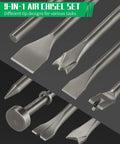 Nine Piece Air Hammer Chisel Set With 0.401 Inch Shank And Canvas Pouch displaying various chisel designs