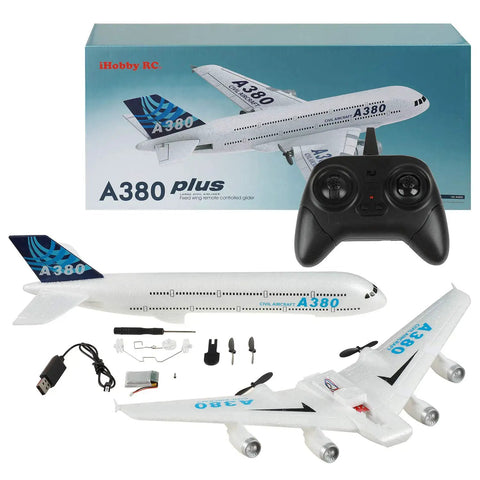 Ready To Fly 2.4GHz RC Airplane Toy With Gyro A380 Style Foam Jet set includes plane, remote, and accessories
