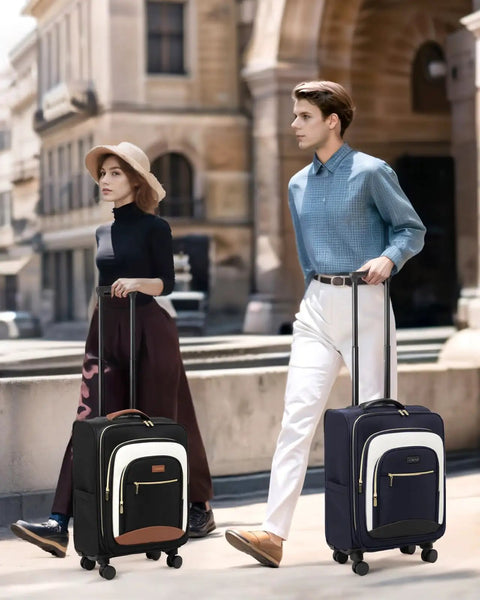 Man and woman with Flight Ready Carry On Luggage 22x14x9 Inches Airline Approved Softside 20 Inch Spinner Wheels With TSA Lock