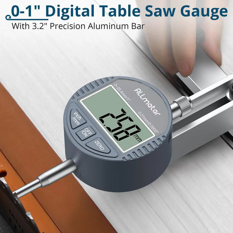 Badass Table Saw Alignment Gauge With Digital Dial Indicator Fits 3 4 Inch Miter Slot for measuring precise cuts with aluminum bar.