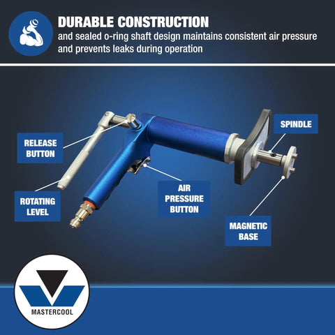 Air Powered Brake Caliper Wind Back Tool Kit With Fifteen Piece Adapter Set for left and right hand operation, showing components.