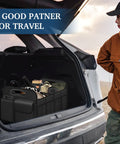 Collapsible Trunk Organizer With Big Capacity Waterproof Car Organizer for SUV featuring removable dividers in vehicle trunk.
