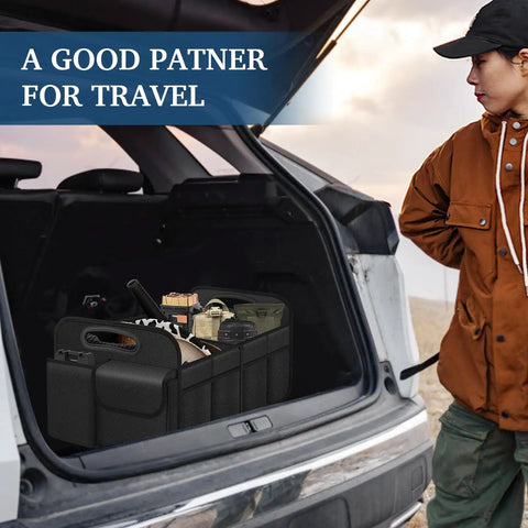 Collapsible Trunk Organizer With Big Capacity Waterproof Car Organizer for SUV featuring removable dividers in vehicle trunk.