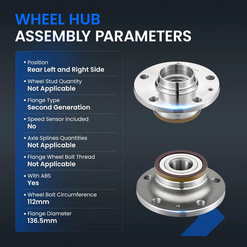 Image of Rear Wheel Bearing And Hub Assembly For Audi And Volkswagen Cars With ABS 5 Lug 2 Pack featuring assembly parameters.