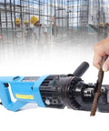 Heavy Duty Portable Electric Hydraulic Rebar Cutter Steel Bar Scissor Shear Tool Fast 1.5s Cutting Speed in use with a steel rod.