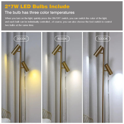 Cozy Elegant Modern Floor Lamp With Brass Finish, Tall Uplight Tree Style showing three LED bulb color temperatures.