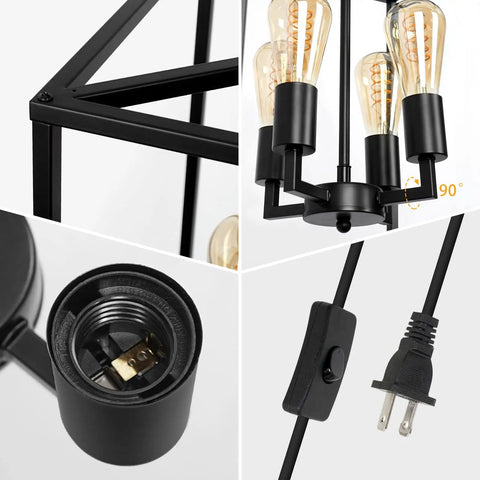 Black Farmhouse Dope Plug In Chandelier With Sixteen Point Seven Foot Cord Industrial Lantern Pendant Light For Kitchen Entryway Hallway And Dining Room Four Light Rustic Ceiling Fixture