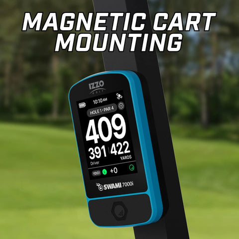 Swami 7000i Touchscreen Golf GPS Rangefinder with two point five inch color display mounted on golf cart