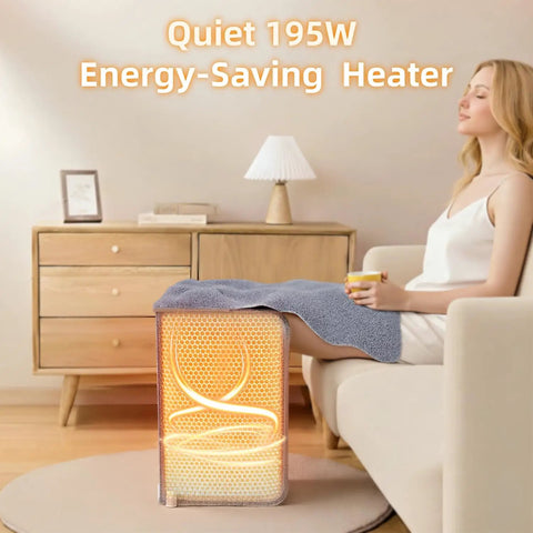 Quiet 195W Under Desk Foot Warmer With Heating Pad for feet in home setting, showing gentle glow and compact design.