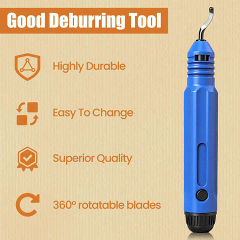Flexible Pipe Deburring Tool With Swivel Blades And Anti Slip Handle showcasing blue handle and curved blade on beige background.