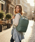 Woman wearing the Lightweight Travel Backpack For Personal Item Under Seat Fits Frontier Size 15.74 x 12.2 x 5.51 Inches, green color