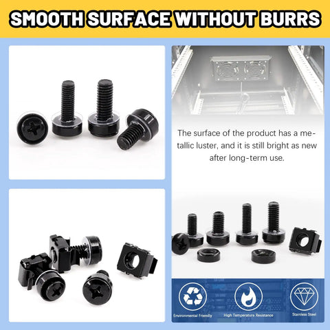 Badass M5 M6 Cage Nuts Kit With Screws Contains 80 Pieces Of Heavy Duty Black Fasteners with smooth surface and matching washers.