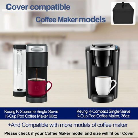 Comparison of K-Supreme and K-Compact 66oz and 36oz coffee makers compatible with Black Single Serve Coffee Maker Cover.