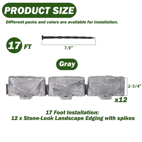 Faux Stone Look Landscape Edging Border 17Ft Long, 2.75In Tall, gray color, 12 pieces shown with spikes