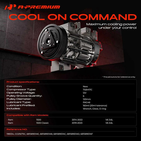 Heavy Duty AC Compressor With Clutch For Ram 1500 And 1500 Classic 2014 To 2023 side view showing six groove design and steel housing.