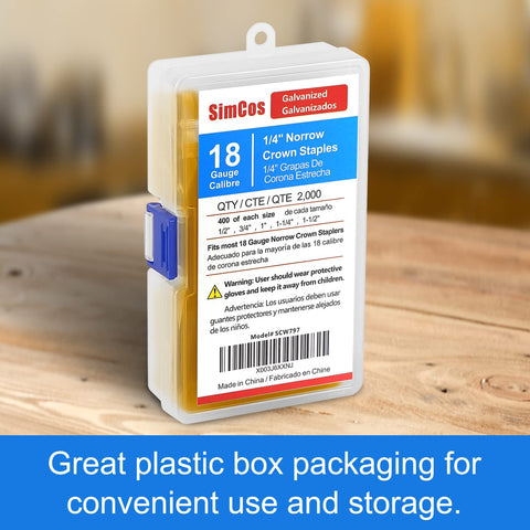 18 Gauge Narrow Crown Staples Assorted Sizes One Half To One And One Half Inch Galvanized 2000 Pack in plastic box