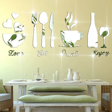 17 Piece Kitchen Wall Decor Acrylic Mirror Wall Stickers Set With Eat Drink Love And Enjoy Utensil Motifs on Dining Room Wall