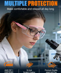 Woman wearing Over Eyeglasses Safety Glasses With ANSI Z87.1 Certification Clear UV380 Anti Fog Wraparound Lenses in a lab.